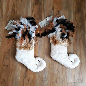 Stockings 2 Handcrafted Feathers Satin Curly Toes Fairy Boho Whimsical Christmas